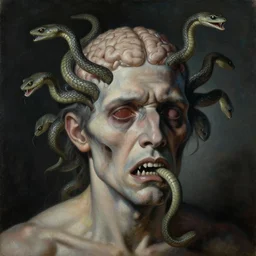 a painting of a decapitated distressed man's aged face with biting serpents swarming out of his exposed brain, a surrealist painting, polycount, surrealism, surrealist, lovecraftian, cosmic horror