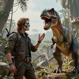 portrait of the terminator talking to the dinosaurs in the stone age, highly detailed, fantasy style, artstation, 8 k