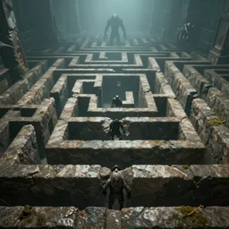 endless labyrinth passages, monster lurking deep inside, haze, first person view, photograph, 8 k, detailed texture