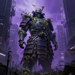 a giant overgrown samurai statue standing in a cyberpunk city with nature taking back, dark fantasy, photorealism, unreal engine, purple hue, by H.R. Giger