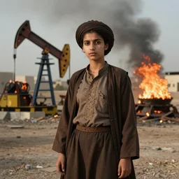 portrait photograph fashion editorial in Kuwait oil fires 1991. super resolution. highly detailed. depth of field. high definition. 8k. photography.