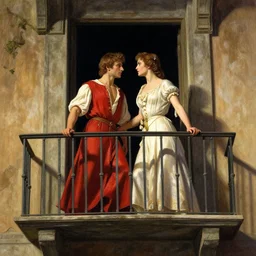 the balcony scene from Romeo and Juliet, illustrated by Greg Rutkowski