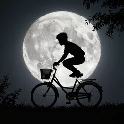 ! dream a silhouette of a boy making a big jump with bike with basket in front of it, flying, a silhouette of trees and big grass, big shiny moon on the background at night, a still of e. t. the extra - terrestrial ( 1 9 8 2 )
