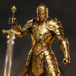 strong gladiator holding legendary sword, fantasy, man, gilded shiny armour, intricate, highly detailed, digital painting, artstation, concept art, wallpaper, smooth, sharp focus, illustration, illumination, raytracting, art by larry elmore, jeff easley, clyde waldwell, keith parkinson, daniel r horne