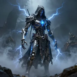 character design, biomechanical arcanist, tattered hood, blue lightning, mist, smoke, scary, photorealistic, cinematic, hyper realistic, octane render, 8 k, wide angle
