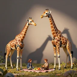 robotic giraffes, having a picnic