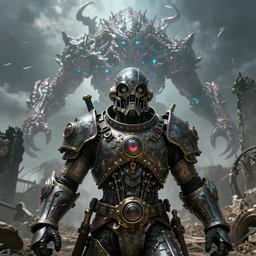 Abstract tech close up action scene of a old steampunk warrior facing a gigantic etheral monster, ruins, horror, volumetric clouds, focus, detailed, realistic eyes, symmetric body features proportions, intricate details, award winning, unreal render, by Tom Bagshaw