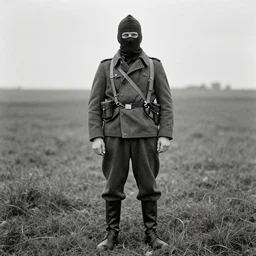 full body portrait of a man at distance wearing hooded mask covering his entire face, ww1 film photo, grainy, high detail, high resolution