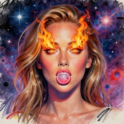 a sketch, ultra detailed, colorful, magic, cosmos, beautiful woman, eyes with fire, similar to jennifer laurence with chupa chups in her mouth, surreal, in style of jean - michel basquiat, trending on artstation