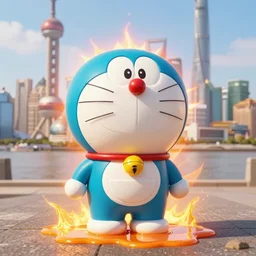 a < 3 d plastic doraemon > melting in the heat outdoors, shanghai in the background, heat wave, fierce sunlight, digital art, high definition photo, 8 k