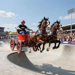 roman horse-drawn chariot high jumping in a skate park half-pipe, video game cover, intense, high detail, crowd cheering, wide lense, style of Tony Hawk