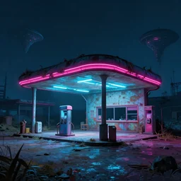 a beautiful hyperdetailed illustration of urbex nature abandoned architecture gas station by nicolas poussin, at night atlantis postcyberpunk neon noir tundra uv light extraterrestial, archdaily, wallpaper, highly detailed, trending on artstation.
