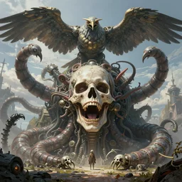 death is swallowed up in victory, very detailed and beautiful face, screaming with fear, giant mechanical worm, giant mechanical bird, artwork by artgerm, centered shot, wide angle, full body, islandpunk, solarpunk, fantasy, highly detailed, digital painting, artstation, smooth, sharp focus, art by thomas kinkade and h. r. giger and yusei uesugi