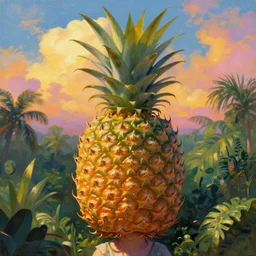 closeup, massive pineapple head, girl surrounded by djungle, surreal photography, golden hour, colorful clouds, impressionist painting, digital painting, artstation, simon stalenhag