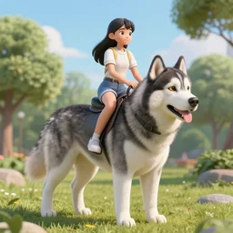 girl riding a giant husky I'm the park Highly Detailed, Photorealism, HD quality, 8k resolution, cinema 4d, 3D, unreal engine 5, high quality, beautiful, cinematic —ar 16:9