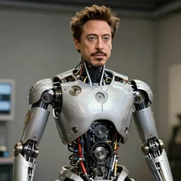 animatronic Robert Downey Jr, exposed mechanics, photo, Stan Winston studios, detailed, 4k