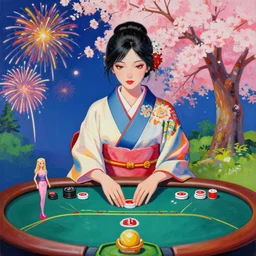 hyperrealism composition of the detailed single woman in a japanese kimono sitting at an extremely detailed poker table with barbie, fireworks and sakura tree on the background, pop - art style, jacky tsai style, andy warhol style, acrylic on canvas