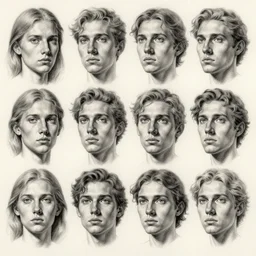 facial expressions reference sheet, pencil drawing,