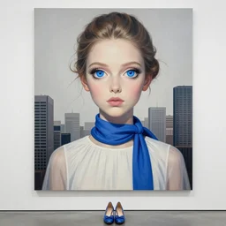 A beautiful installation art of a young woman with big blue eyes. She has long lashes and a small mouth. Her hair is pulled back in a bun with a few stray hairs falling down. She's wearing a white dress with a blue sash and a blue scarf around her neck. In the background is a cityscape with tall buildings. nail art, shoes by Benoit B. Mandelbrot funereal