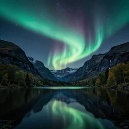 a lake surrounded by dramatic mountains at night with the northern lights overhead, trees all around,  stars in the sky,  completely still mirror water reflecting the sky