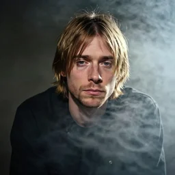 photographic portrait of sad kurt cobain, mist and smoke