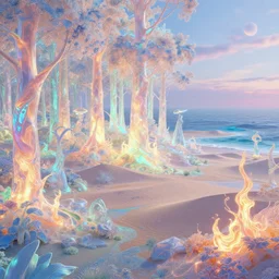 highly detailed holographic iridescent glowing ethereal sci fi world with forests, deserts, oceans, at dusk, by gilbert williams, by simon stalenhag, by beeple, by bruce pennington, by moebius, octane render, with many different pastel shades of blue pink orange yellow green, beautiful volumetric lighting, prismatic fire