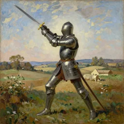 frameless painting of a knight holding up his sword, countryside, daytime, beautiful oil painting on canvas, 1 8 5 0, pre raphaelites, in the style of dante gabriele rossetti,