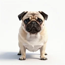 cute pug, clean 3d render, full body, isolated on a pure white background, centered, entire subject in frame, sharp focus, soft studio lighting