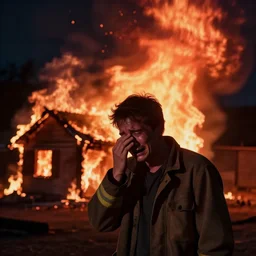 Photo, A man crying because his house has burned down, Huge fire, red lighting, night