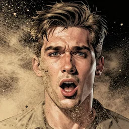 trippy comic book artwork of a man's face exploding into particles of sand, very detailed, 8k