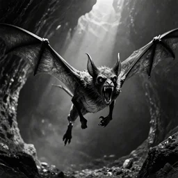 a close - up, ultra detailed black & white studio photographic portrait of a loud screeching giant, bat - like creature flying towards you, you are exploring an alien planet and come across a strange, dark cave, dramatic backlighting, 1 9 7 3 photo from life magazine, by keith thompson, h. r. giger, in the style of the movie aliens