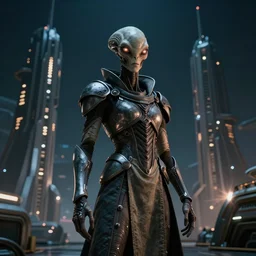 medium shot, an alien with beautiful glowing eyes, detailed symmetrical face and skin, wearing a long flowing cloth shirt over stylish large futuristic armor poses beside an outpost with tall detailed structures with lights in the night sky, incredible detail, anamorphic 2 0 mm lens cinematic flare, photorealistic!!!