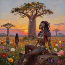 a very regal african cyberpunk queen with colorful dreadlocks and lots of jewlery sitting on a cliff overlooking a field of colorful flowers with a giant glowing baobab tree in the middle, it is sunset, by greg rutkowski and android jones and Alena Aenami in a surreal cyberpunk! style, oil on canvas, highly detailed face, 8k hd,