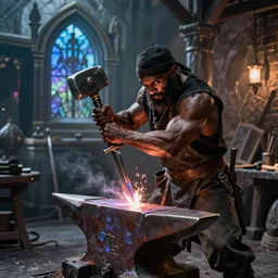 a muscular dwarf blacksmith in blacksmith clothes swinging hammer down forging a sword on an iron anvil by greg rutkowski, archvillain, titanforge, blizzard, hearthstone, greg rutkowski, jeff easley, mtg, wotc