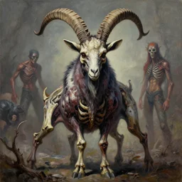demonic terrifying wise goat skeletal creature covered with a skull, by Stanley Artgerm Lau, Andrei Riabovitchev, Marc Simonetti, Yoshitaka Amano, oil on canvas, digital painting, trending on ArtStation, CGSociety CG Awards, rtx on, high detail, ultrarealism