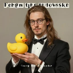 a german very long light brown hair guy with glasses and very short goatee on a tuxedo holding a rubber duck!, trade offer meme, top text bottom text, art by greg rutkowski, intricate, elegant, sharp focus, digital painting, concept art, matte, art by artgerm