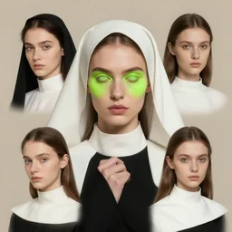 professional head shot concept art of a beautiful fashion model wearing catholic spiritual clothes by reza nia, nick knight, amy judd, jil sander minimal romantic heavenly elite style, posed, flushed cheeks, fluorescent green makeup, studio, studio lighting, flat natural tones, sharp focus, 8 k, very fine detail, stunning matte painting