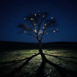 forst at night with floating lights by Julie Bell