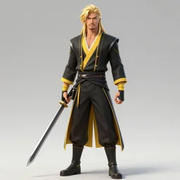 male bladesman, long blonde hair, stubble, black and yellow outfit, character concept painting by yoji shinakawa, by shigenori soejima, by yoshitaka amano, pixiv, artstation