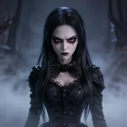 photorealistic full shot portrait of angry darkness anime girl, worrying eyes, inspired by tim burton, detailed, unreal engine 4 k, volumetric light, fog