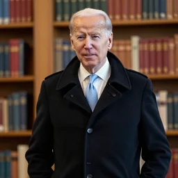 joe biden wearing a black peacoat, in a library, dean cornwell