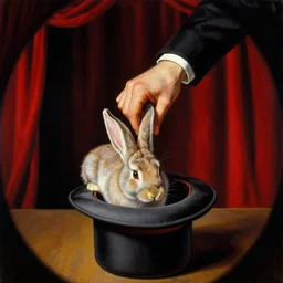 a dark close - up fish - eye view of a magician's arm pulling a rabbit out of a hat on stage. red curtains in the background.. dark black background. highly detailed painting by norman rockwell, moebius, frank frazetta, and syd mead. rich colors, high contrast. artstation