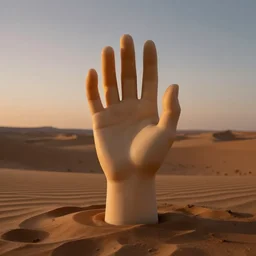 sci-fi scene of a HAND sculpture made of silicone, standing at the center of a desert in the twilight
