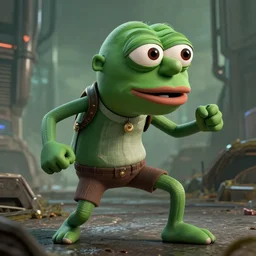 a hyperrealistic scifi poster of pepe in a dynamic pose, 8 k, cryengine, realistic, rendered, full subject in frame, at a distance, stalenhag, lovecraft