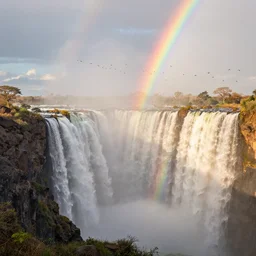 a stunning areal photo of victoria falls zambia zimbabwe early morning mist thousands of colorful tropical birds formation sunrise rainbow award winning photo, 1 0 0 mm lens, f 2. 8, low contrast hdr filter