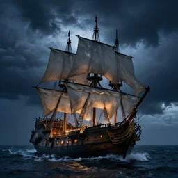 landscape photography by marc adamus, pirate ship at night, storm, dramatic lighting, beautiful, hyper detailed, uhd,