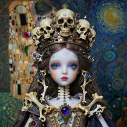 The Princess of Bones by Karol Bak, Jean Deville, Gustav Klimt, and Vincent Van Gogh, portrait of a porcelain doll princess wearing a crown, beautiful porcelain ball-joint doll face, BJD, pale blue eyes, mystic eye, otherworldly, crown made of bones, ornate jeweled crown, skulls, fractal structures, arcane, inscribed runes, infernal relics, ornate gilded medieval icon, third eye, spirals, rich deep moody colors