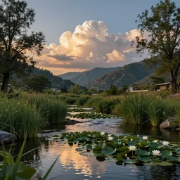 photorealistic image of a peaceful stream with water plants and lilies in the foreground framed by trees while sunlit cumulonimbus clouds approach over background mountains sparse with vegetation at sunset, very detailed