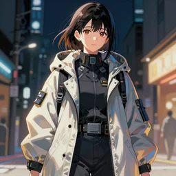 an ukiyo e sketch of a futuristic streetwear anorak for a japanese woman