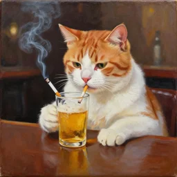 oilpainting canvas of a sad orange white tabby cat drinking beer and smoking a cigarette at a bar, overthinking his mistakes he made in life